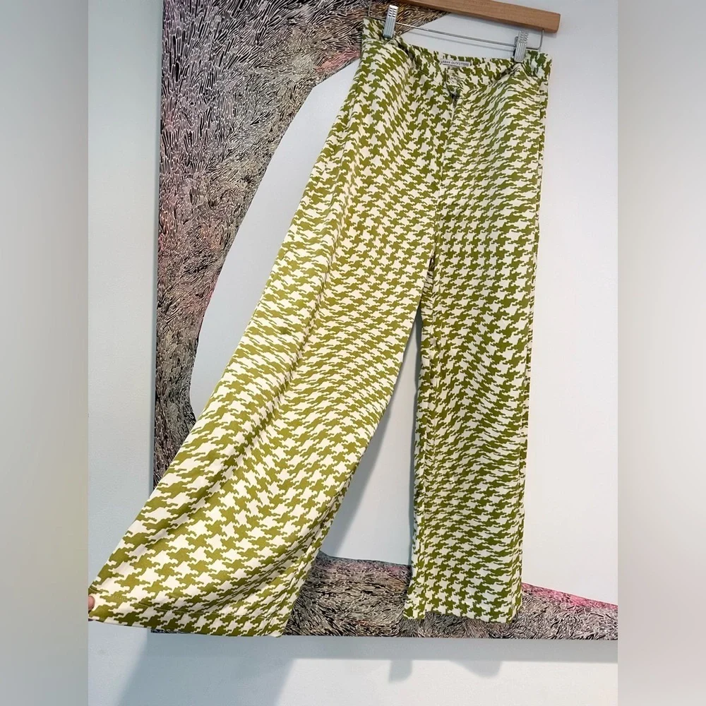 Urban Outfitters Olympia Crop Pants Mustard Green/White High Waisted Wide Leg L - Picture 3 of 7